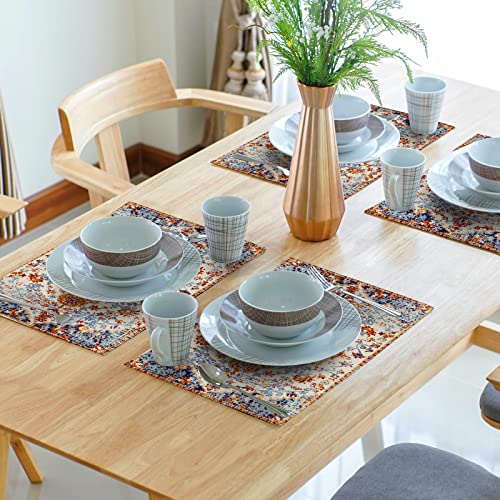 Image of Ethnic Boho Placemats Set of 6 Bohemian Carpet Vintage Orange Grey Floral Linen Washable Kitchen Dining Table Mats Stain Heat-Resistant Desktop Decor Place Mats for Home Party Indoor 12x18 in
