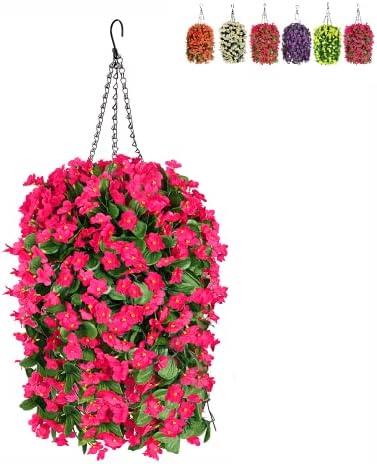 MJFloria Hanging Baskets with Artificial Flowers, Fake Silk Hanging Basket Orchid Flowers Plants, Faux Flower Centerpieces, for Home Decoration Indoor Outdoor Landscaping (Hotpink)