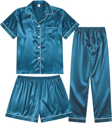 Image of 3 Piece Silk Satin Pajama Set for Women Soft Short Sleeve Button Down Pjs with Shorts Long Pants Sleepwear S-XXXL