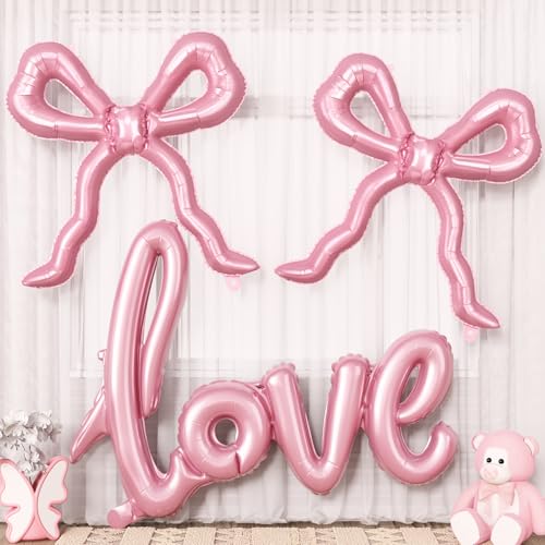 Pink Love Bow Balloons Set 42 Inch Giant Foil Love Letter Balloon 22 Inch Bow Mylar Balloons for Girls Women Pink Coquette Birthday Bridal Shower Bachelorette Wedding Engagement Valentines Decoration