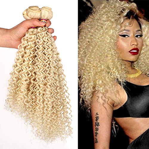 3 Bundles 613# Blonde Afro Kinky Curly Weave Bundles High Temperature Synthetic Extensions Jerry Curl Hair Weave for Wedding Party Cosplay(16" 18" 20" 613#)