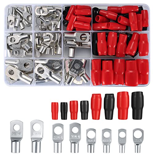 120 Pcs Bolt Hole Tinned Copper Terminals Set, Copper Ring Lug Terminals, Cable lugs Ring Battery SC Terminal Set, Wire Terminal Crimp Connector Marine Grade Cold-Pressed Crimp Type (60+60)