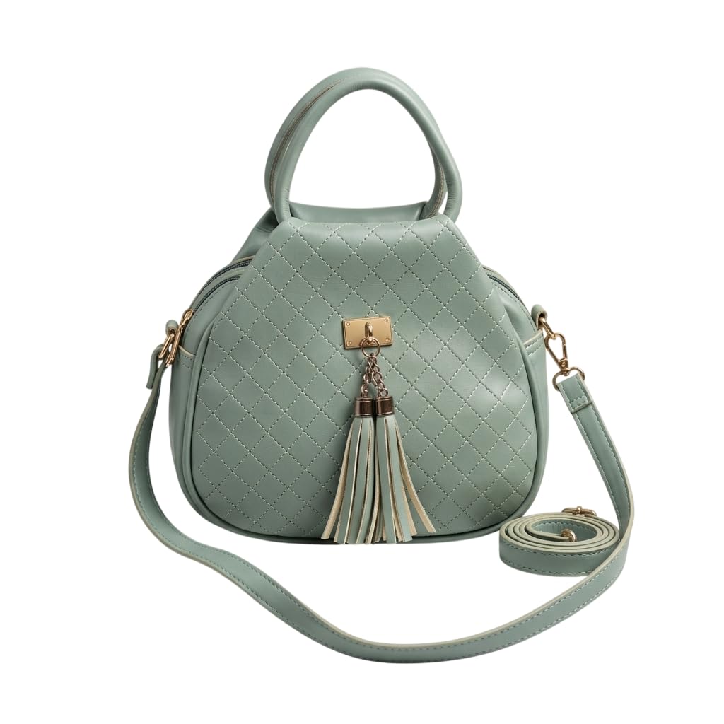 Women’s Mint Green Quilted Handbag | Stylish PU Leather Mini Purse with Top Handle & Shoulder Strap | Elegant Tassel Design Zip Closure Compact Travel Daily Use Fashion Bag-image-8