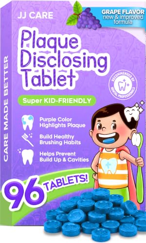 JJ Care Disclosing Tablets for Kids - 96 Count Individually Wrapped Plaque Disclosing Tablets for Kids Brushing Teeth Grape Flavored Plaque Remover Dental Care for Teeth Brushing