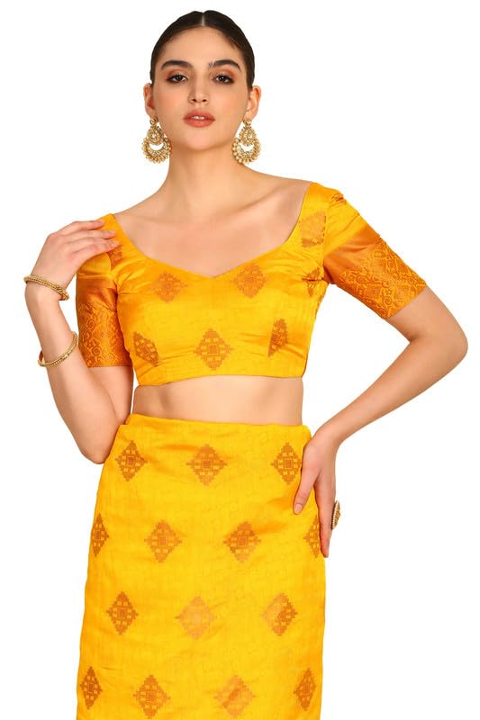 Image of Soch Womens Mustard Geometric Woven Design Brocade Weave Art Silk Saree