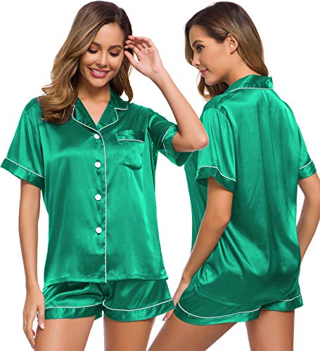 Image of SWOMOG Womens Silk Satin Pajamas Set Short Sleeve Sleepwear Button Down Top and Shorts Loungewear 2 Piece Pjs Set XS-3XL