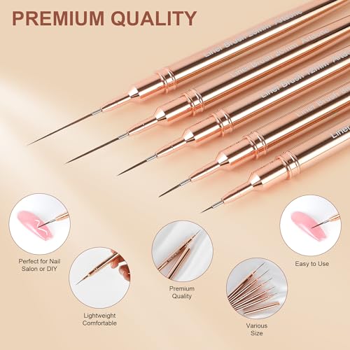 Image of Artdone Metallic Nail Art Pens, Liner Brushes Set, 5PCS Gold Nail Tools | For Long Lines, Thin Details, Fine Drawing, Liner Brush UV Gel Polish Painting Nail Design Sizes 5 /8 /12 /20 /25mm