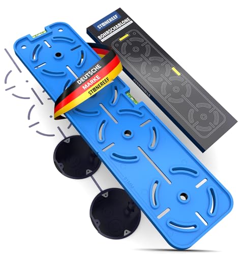 Bohrschablone Steckdose 68mm mit Wasserwaage – Bohrhilfe für Unterputzdose & Hohlwanddose – Blau/Grün – Schablone für Elektriker im Trockenbau – Steckdosen exakt ausrichten & bohren (Bohrschablone)