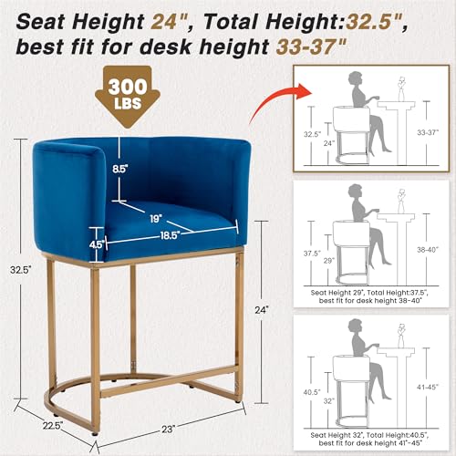 Image of HNY Modern Counter Height Velvet Fabric Upholstered Counter Stool, 24 Inch Kitchen Island Stool with Gold Finish Metal Frame, Navy Blue