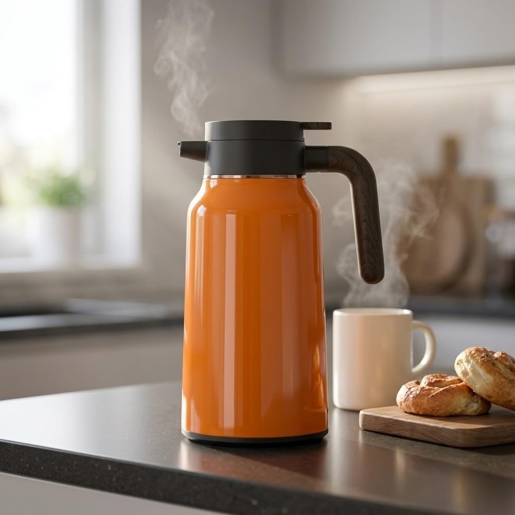 Jarra térmica de café de 2 litros aislada al vacío con botón, a prueba de fugas, para bebidas calientes, oficina, hogar, 68 onzas (naranja)