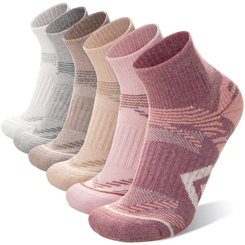 ANTSANG 6 Pairs Merino Wool Quarter Ankle Hiking Running Socks Compression Thermal Thick Cushion Socks for Women Men(Pink Series,M)