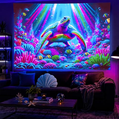 Image of BlissYard Neon Sea Turtle Ocean UV Black Light Tapestry 78x59 Inches Art Color Neon Light Background Bedroom Living Room Wall Party Decoration Underwater Coral Reef Marine Psychedelic Wall Art