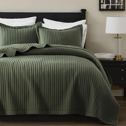 WDCOZY Olive Green Queen Size Quilt Set, Striped Pick Stitch