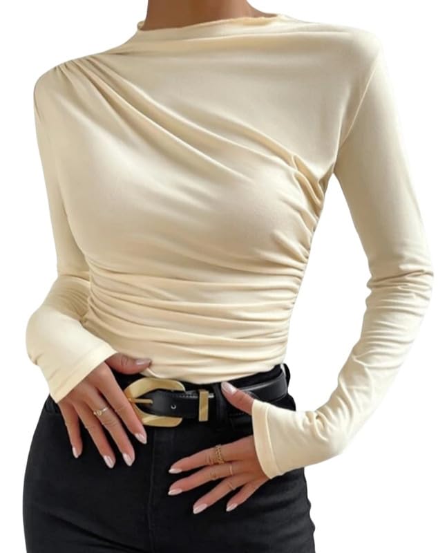 Haibang Langarmshirt Damen Mock Neck Rüschen Wrap Langarm Tops Slim Fit...