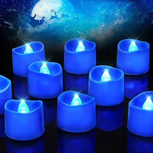【急上昇人気!】FLYGWIN LED キャンドル 12個セット Blue 電池式 火を使わない安全 揺らぐ炎効果 タイマー機能 +点滅仕様 装飾用バラの花びら付き 結婚式・誕生日・クリスマス・お盆・パーティー・バレンタイン用 室内飾り 波形口 無火で火事