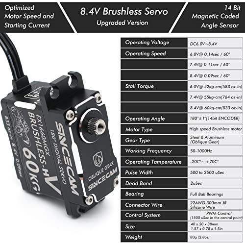 Sincecam 60Kg Digital Rc Steering Servo 8.4V Waterproof High Torque Servo 180° Brushless Servo Compatible With Sr/Ssr/Sur/Sfr Metal Oblique Gear All Aluminum Case For 1/10 1/12 Rc Car #TOP3