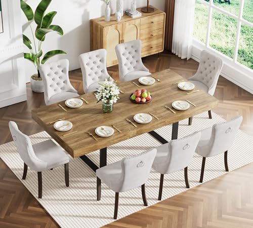 Image of Brown Dining Room Table Set for 8, 9-Piece 63 inch-78.74 inch Extendable Dining Table Set with 8 Upholstered Chairs, Rectangle Wooden Expanding Kitchen Table and Beige Chairs Set