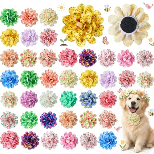 Huhumy 50 Pcs Spring Dog Collar Flowers Bulk Daisy Rose Wildflowers Flowers for Dog Charms Grooming Accessories Bowtie Flower for Puppy Cat Collar Attachment Embellishment Spring Floral Party Costume