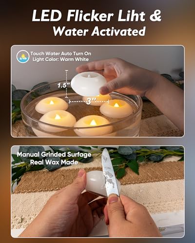 Homemory 3 Inch Flameless Floating Candles, White Real Wax, 100+ Hour, Battery Flickering Waterproof Tealights-Wedding Centerpiece, Engagement, Dinner Parties, Beach Parties, Home Decor, Set of 12 - Image 5