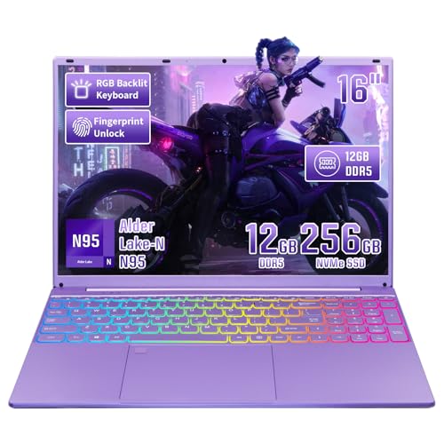 Image of BINTEC 2026 Purple Laptop 16, 2k FHD IPS Display,Celeron N95,studengt,Gaming Laptop,180Viewing /Color Backlit KB /Fingerprint Unlock /USB /1-Year Warranty /Windows 11 pro PC(Purple 12GB DDR5 256GB)