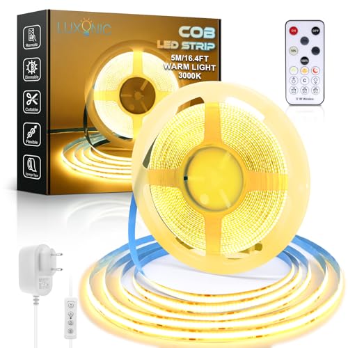 LUXONIC Tira LED COB 5M Blanca Cálida 3000K,24V Super Brillante y Regulable,CRI90 Luces LED Habitación,Cadena LED Autoadhesiva para Decoración Navideña de Cocina Interior