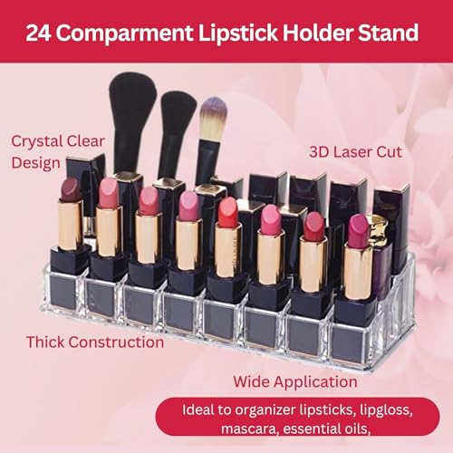 Image of SKDBPM KDR Plastic Cosmetic Shelf Stand Case Grid Squares Lipstick Holder Showcase Stand Organizer Makeup Storage Box (Transparent) (24 LIPSTICK HOLDER)
