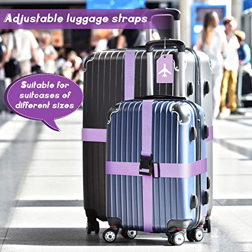 Image of Weewooday 8 Pcs Luggage Straps Suitcase Tags Set for TSA Approved, 4 Travel Adjustable Suitcase Belt, 4 Silicone Luggage Tags with Name ID Card Travel Accessories(Light Purple,Airplane)