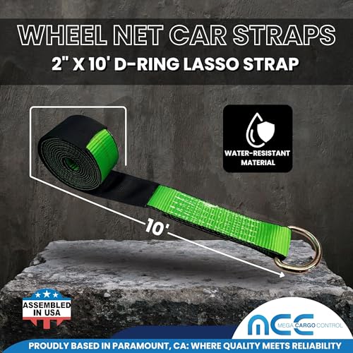 Image of Mega Cargo Control 4 Set 2 inch x 10' Wheel Lift D Ring Lasso Strap w / (4) 2 inch Ratchet, (4) Wire J Hook, (4) Lasso Winch Sleeve Protector - (Gift) | Ratcheting Tow Truck & Hauling (Green)