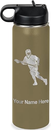 LaserGram Botella de agua de doble pared con tapa abatible de 20 onzas con pajilla, hombre jugador de lacrosse, grabado personalizado incluido