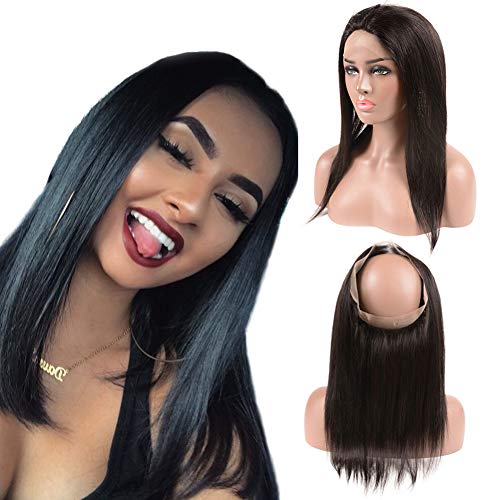 Huarisi 360 Closure Straight Hair Only 1 Piece 14 Inch Brazilian Virgin Human Hair 360 Lace Frontal with Baby Hair Free Part 130% Density Natural Color