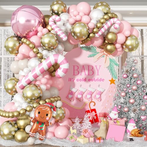 Kit de arco de globos de decoración de Navidad rosa, bastón de caramelo de jengibre, globo 4D, globos pastel rosa, blanco, dorado, copos de nieve para invierno, país de las maravillas, Candyland