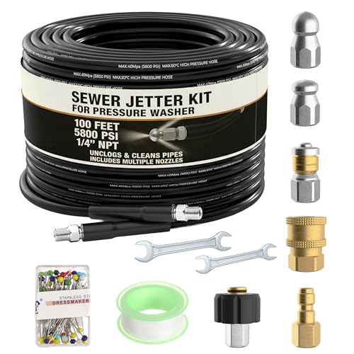Houseables Hydro Jetter, Hydro Jet, Hydrojet, Sewer Jetter Kit for Pressure Washer, Water Jet Drain Cleaner, Sewer Line Cleaning, Pressure Washer Drain Cleaner, Culvert Cleaning Tool, Hose Kit, 100 FT
