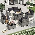 Aoxun 7 Pieces Patio Furniture Set with 44” Fire Pit Table Wicker Rattan Outdoor Sectional Conversation Set with Coffee Table and 4” Thickened Cushions, Gray/Black(Waterproof Cover Included)