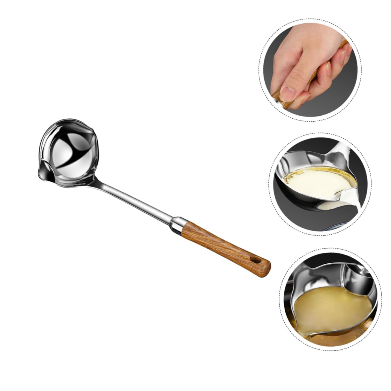 OUNONA 1pc Stainless Steel Spoon Separate Separation Oil Serving Skimmer Spoons Soup for Gravy Separator Heat Resistant Kitchen Utensils Slotted Spoon Filter Spoon Wood