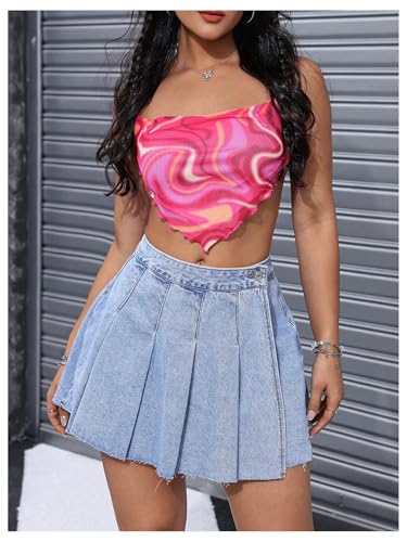 WDIRARA Women's Raw Hem Pleated Denim Skirt Button Front Drop Waist Short Jean Skirts4