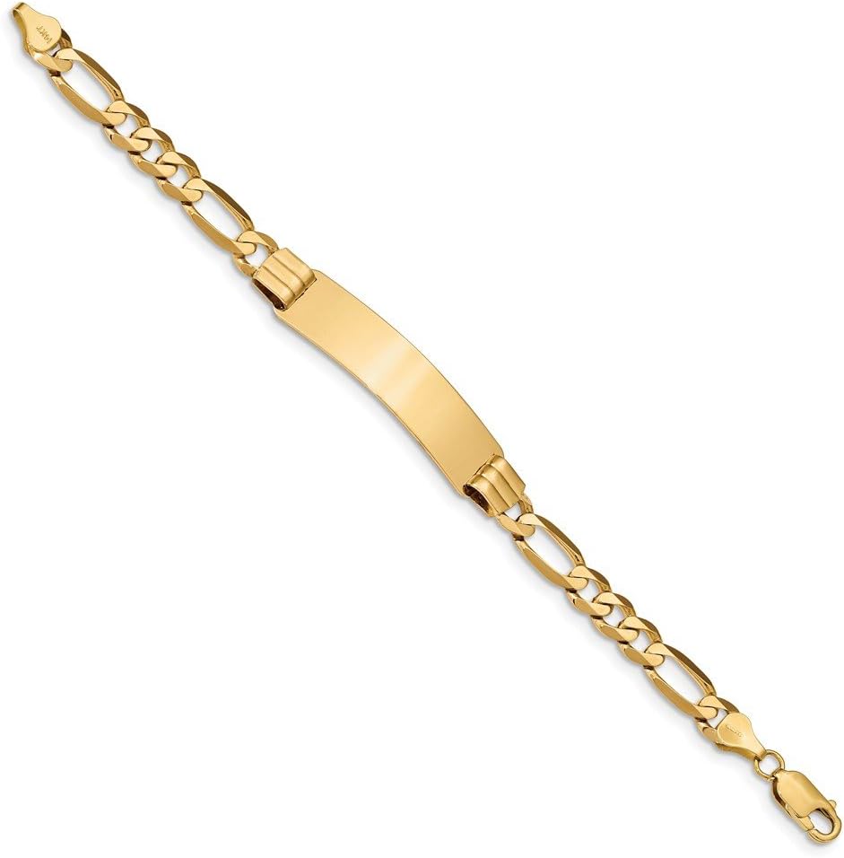 Solid 14k Yellow Gold Flat Figaro Link ID Bracelet Engravable Identification Name Bar Tag - with Secure Lobster Lock Clasp 7" (Width = 9mm)