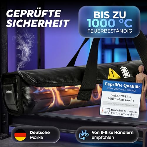 VALKENBERG E-Bike Akku Tasche – Feuerfeste Akkubox für E-Bike Akkus mit Kabeldurchführung – Akku Schutzhülle feuerfest inkl. Trageschlaufe – Akku Transportbox & Aufbewahrungstasche, Größe XL