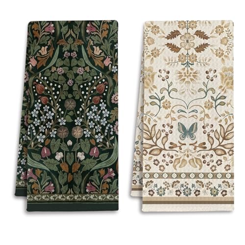 IRTAGANNY Boho Art Nouveau Floral Kitchen Towels, Retro Cottagecore Botanical Dish Tea Towels for Kitchen Decor, Vintage Flower Decorative Hand Towel for Bathroom, 16x24 Inches Set of 2