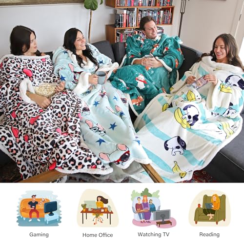 Image of Catalonia Sherpa Wearable Blanket with Sleeves Arms, Comfy Sleeved TV Wrap Blanket, Large Snuggly Throw for Women and Men, Gift for Her, Banana Dog