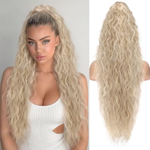 ORSUNCER Wavy Ponytail Extension Claw Clip 30" Curly Light Blonde Highlight