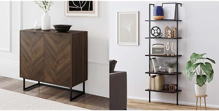 Nathan James Wood Accent Modern Free Standing Buffet Sideboard Hallway Entryway Cabinet and 5-Shelf Industrial Metal Frame Bookcase, Walnut/Black