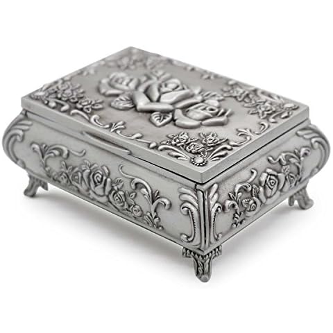 AVESON Rectangle Vintage Metal Jewelry Box Trinket Storage Organizer Gift Box Chest Ring Case with Rose Pattern for Girls Ladies Women, Small Cover