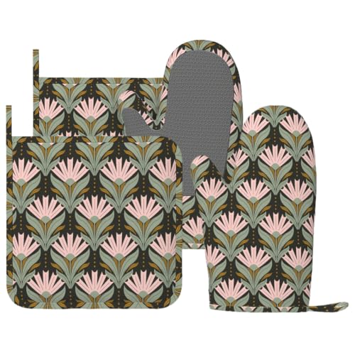 XMNSUPOQ Boho Pink Floral Green Leaf Oven Mitts and Pot Holders Set of 4