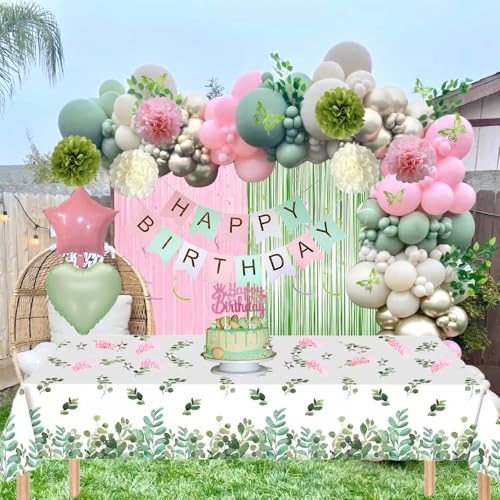 Pink and Sage Green Birthday Party Decorations with Happy Birthday Banner, Balloons, Sash, Crown, Butterfly, Hanging Swirls, Tablecloth, Fringe Curtain, Pompoms for Women Girls Princess Party Supplies by WEQTWL - Image 5