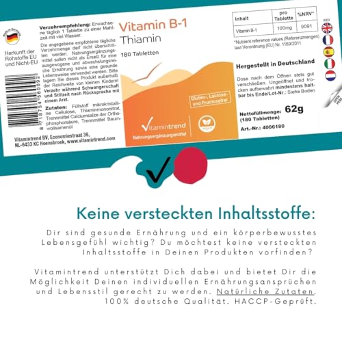 Vitamintrend Vitamin B1 hochdosiert 100mg, 180 Tabletten, Thiamin, veganes Nahrungsergänzungsmittel ohne Zusätze, in Deutschland hergestellt