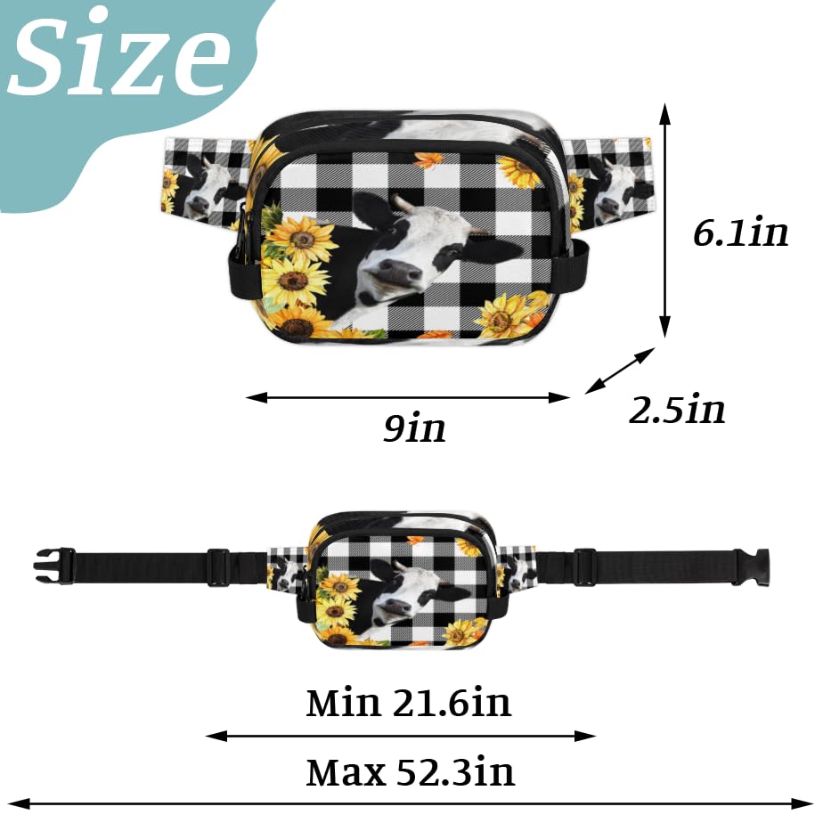Grid Cow Sunflowers Waterproof Square Fanny Pack with Adjustable Strap Dual Zipper Storage Lightweight Design for Travel Hiking Running Daily Use Unisex Crossbody Waist Bag for Men Women