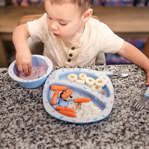 Image of The First Years Bluey 4-Piece Place Setting - BPA Free Dishwasher Safe Toddler Dinnerware Set with Divided Plate, Bowl, Fork, Spoon - Multicolor, 4 Piece Set (Pack of 12)
