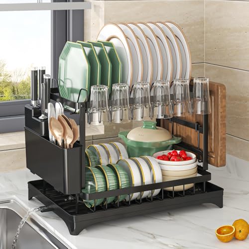Image of Frasheng 2 Tier Dish Drainer,Dish Dryer,Automatic Drainage,Dish Drainer,Dish Rack with Cup Holder,Cutting Board Holder,Cutlery Holder and Drip Board,Black,Carbon steel