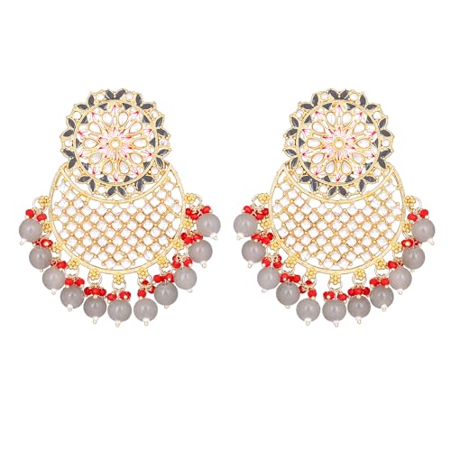 Gehena by Estele Gold Plated Fascinating Kundan Studded Drop Earrings with Grey and Red Beaded Pearls for Girls and Women (B0CKBCKLKF) Amazon Price History, Amazon Price Tracker