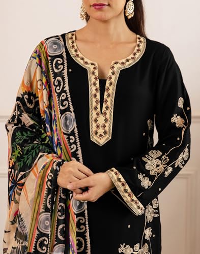 Image of Skylee Women's Rayon Embroidered Straight Kurta with Pant & Dupatta